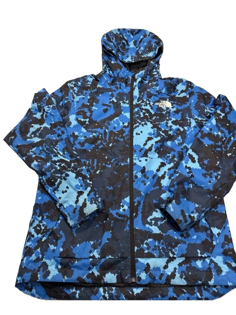 The North Face Mountain Mens Large Blue Camo Windbreaker Hooded Lightweight Sz L